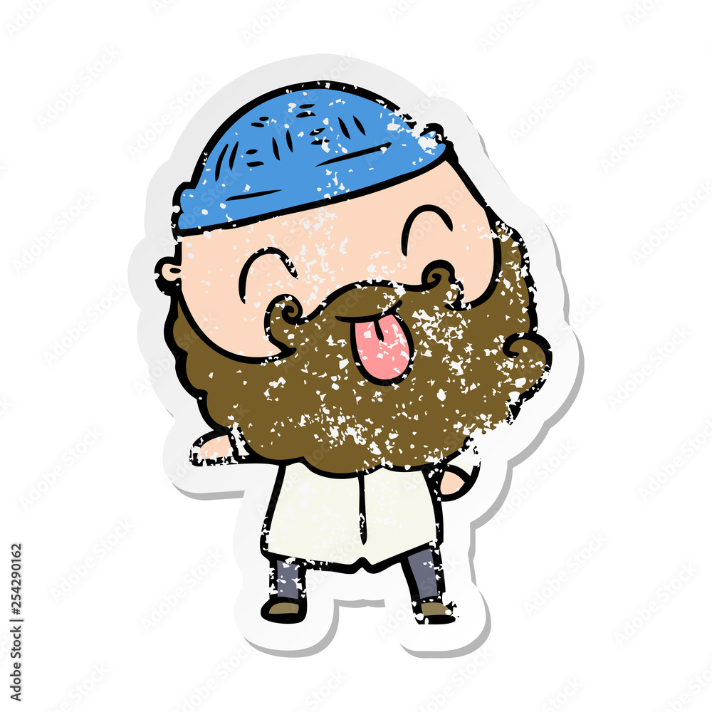 distressed sticker of a man with beard sticking out tongue distressed sticker of a man with beard sticking out tongue