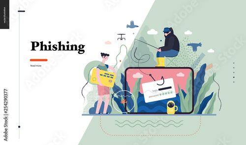 Technology 1 - Phishing - flat vector concept digital illustration of phishing scam metaphor. Hacker fraud protection, password steal, data phishing. Creative landing web page design template