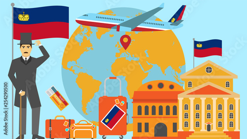 Welcome to Liechtenstein postcard. Travel and safari concept of Europe world map vector illustration with national flag