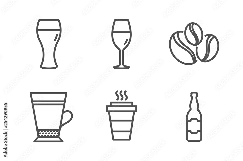 Beer glass, Latte and Takeaway icons simple set. Coffee-berry beans, Wineglass and Beer bottle signs. Brewery beverage, Coffee beverage. Food and drink set. Line beer glass icon. Editable stroke