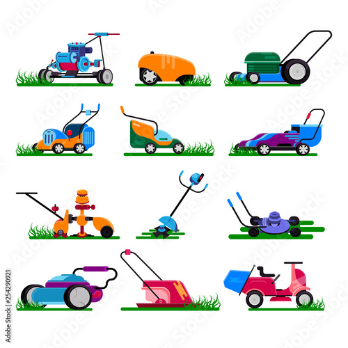 Lawn mower vector gardening lawnmower electric equipment machine and garden mowing trimmer illustration machinery set of power tools lawn-mower isolated on white background