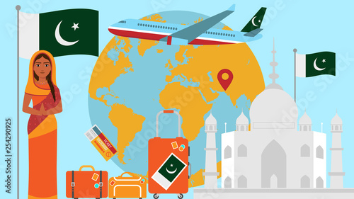 Welcome to Pakistan postcard. Travel and safari concept of Asia world map vector illustration with national flag