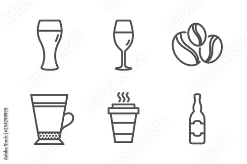 Beer glass  Latte and Takeaway icons simple set. Coffee-berry beans  Wineglass and Beer bottle signs. Brewery beverage  Coffee beverage. Food and drink set. Line beer glass icon. Editable stroke