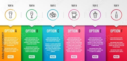 Beer glass, Latte and Takeaway icons simple set. Coffee-berry beans, Wineglass and Beer bottle signs. Brewery beverage, Coffee beverage. Food and drink set. Infographic template. 6 steps timeline