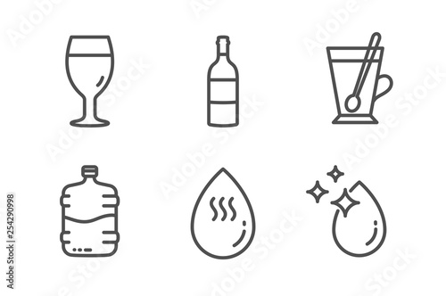 Wine bottle, Beer glass and Tea mug icons simple set. Cooler bottle, Hot water and Water drop signs. Cabernet sauvignon, Brewery beverage. Food and drink set. Line wine bottle icon. Editable stroke