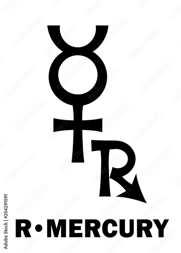 Astrology Alphabet: Retrograde MERCURY, period when this planet in the sky is moving in the reverse direction. Hieroglyphics character sign (combination symbol). Astrology Alphabet: Retrograde MERCURY, period when this planet in the sky is moving in the reverse direction. Hieroglyphics character sign (combination symbol).