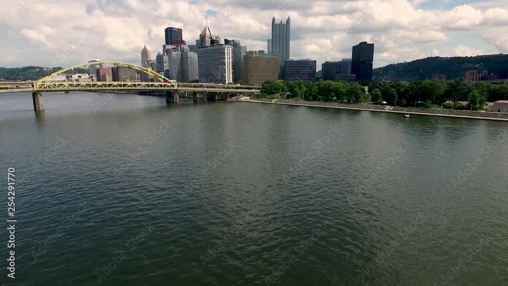 Aerial of the Pittsburgh Pennsylvania skyline from the North Shore of the Allegheny River. Concept: urban, cityscape, sporting, drone, cultural district Aerial of the Pittsburgh Pennsylvania skyline from the North Shore of the Allegheny River. Concept: urban, cityscape, sporting, drone, cultural district
