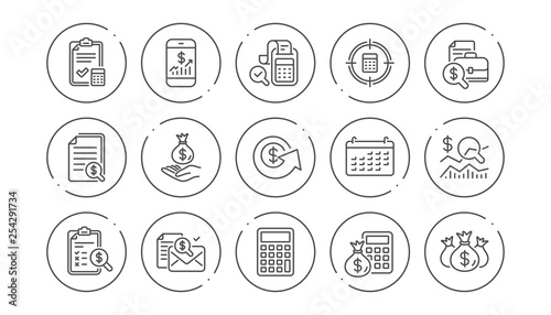 Accounting line icons. Report, Calculator and Checklist. Money linear icon set. Line buttons with icon. Editable stroke. Vector