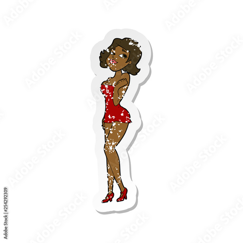 retro distressed sticker of a cartoon attractive woman in short dress