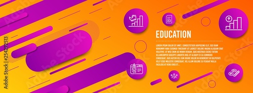 Header banner. Growth chart, Video file and Correct answer icons simple set. Start business, Graph chart and Keywords signs. Diagram graph, Vlog page. Education set. Line growth chart icon. Vector