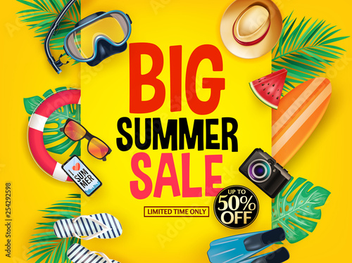 Big Summer Sale Poster Up to 50% Off for Limited Time Only on Gradient Background with Mask, Snorkel, Fins, Hat, Watermelon, Palm Leaves, Sunglasses, Digital Camera, Mobile Phone, Surfboard and Flip