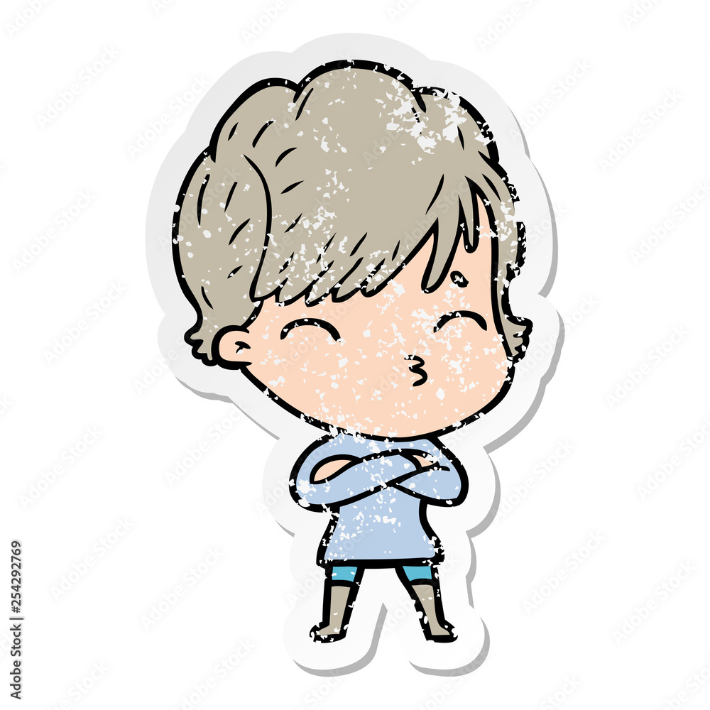 distressed sticker of a cartoon woman thinking distressed sticker of a cartoon woman thinking