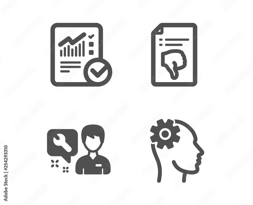 Set of Thumb down, Repairman and Checked calculation icons. Engineering sign. Decline file, Repair service, Statistical data. Cogwheel head.  Classic design thumb down icon. Flat design. Vector