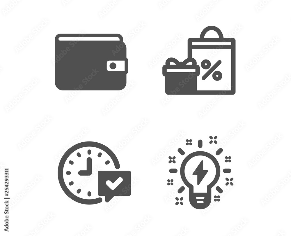 Set of Shopping, Money wallet and Select alarm icons. Inspiration sign. Gifts and sales, Payment method, Time symbol. Creativity. Classic design shopping icon. Flat design. Vector Set of Shopping, Money wallet and Select alarm icons. Inspiration sign. Gifts and sales, Payment method, Time symbol. Creativity. Classic design shopping icon. Flat design. Vector