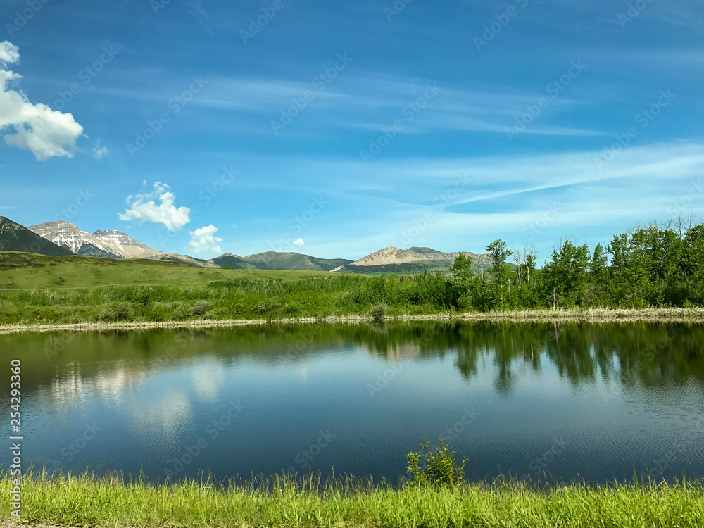 landscape with lake and blue sky - obrazy, fototapety, plakaty 