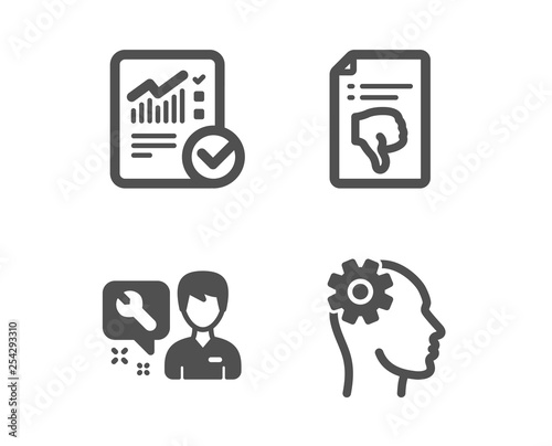 Set of Thumb down, Repairman and Checked calculation icons. Engineering sign. Decline file, Repair service, Statistical data. Cogwheel head.  Classic design thumb down icon. Flat design. Vector