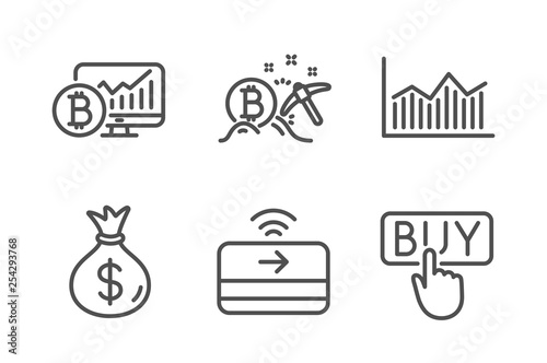 Money bag, Money diagram and Bitcoin mining icons simple set. Bitcoin chart, Contactless payment and Buying signs. Usd currency, Currency diagram. Finance set. Line money bag icon. Editable stroke