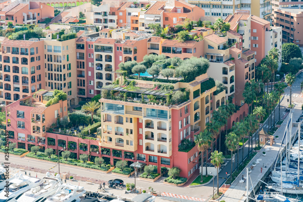 Fototapeta premium Aerial view of the Fontvieille Harbour and residence