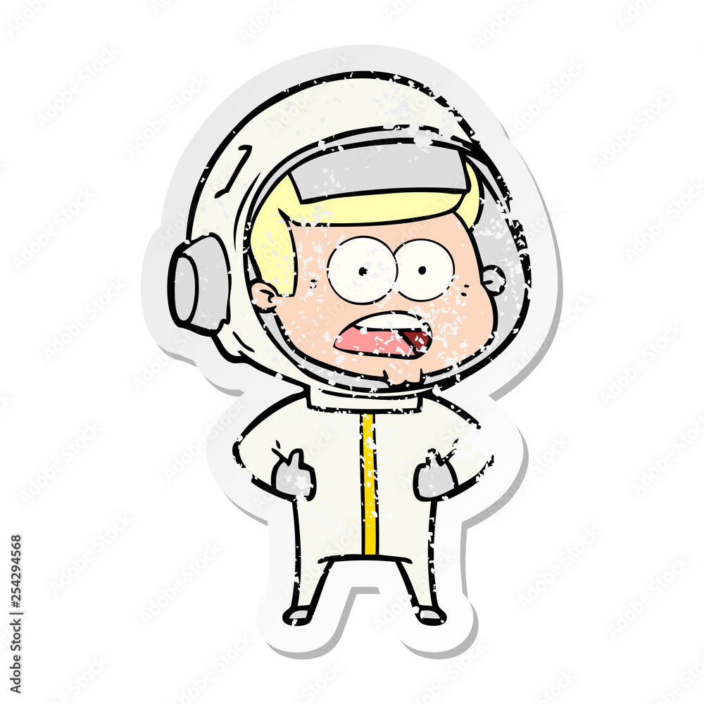 distressed sticker of a cartoon surprised astronaut