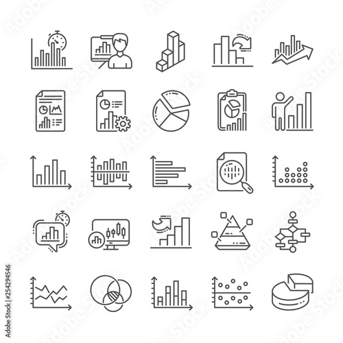 Charts and Diagrams line icons. Report, Block diagram, 3D Chart and Dot Plot graph linear icons. Trend, Pyramid and Pie chart report symbols. Presentation infochart, process flow diagram. Vector