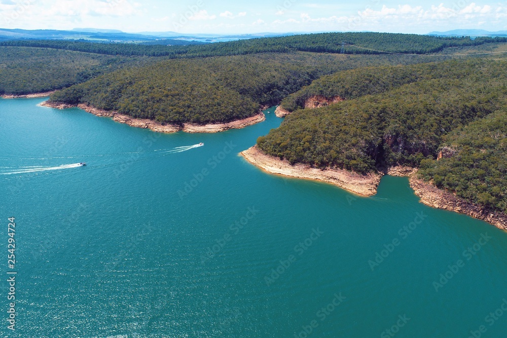 Fototapeta premium Aerial view of Capitolio's lagoon, Minas Gerais, Brazil. Furnas's dam. Tropical travel. Travel destination. Vacation travel.