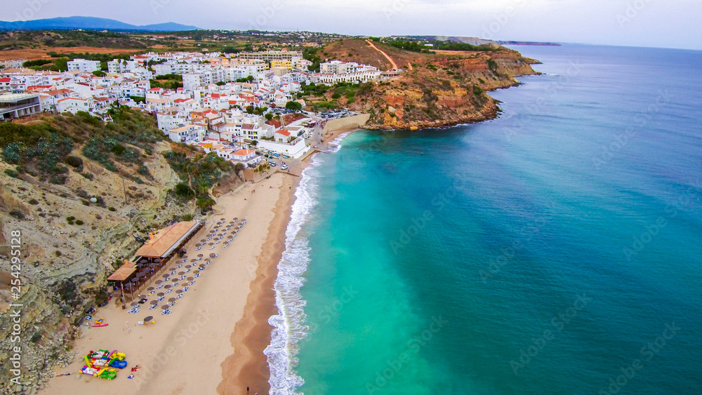Aerial view in beach of Algarve. Portugal. Drone Photo