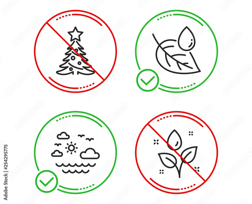 Fototapeta premium Do or Stop. Leaf dew, Travel sea and Christmas tree icons simple set. Plants watering sign. Water drop, Summer holidays, Spruce. Nature set. Line leaf dew do icon. Prohibited ban stop. Good or bad
