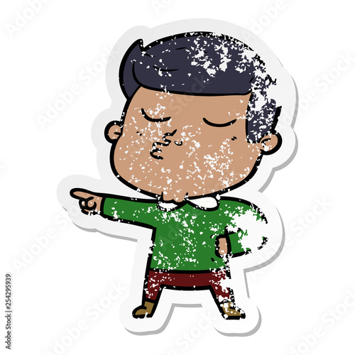 distressed sticker of a cartoon model guy pouting
