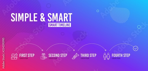 Infographic timeline. Escalator, Cleaning and Loyalty program icons simple set. Restroom sign. Elevator, Maid service, Gift. Wc toilet. People set. 4 steps layout. Line escalator icon. Vector