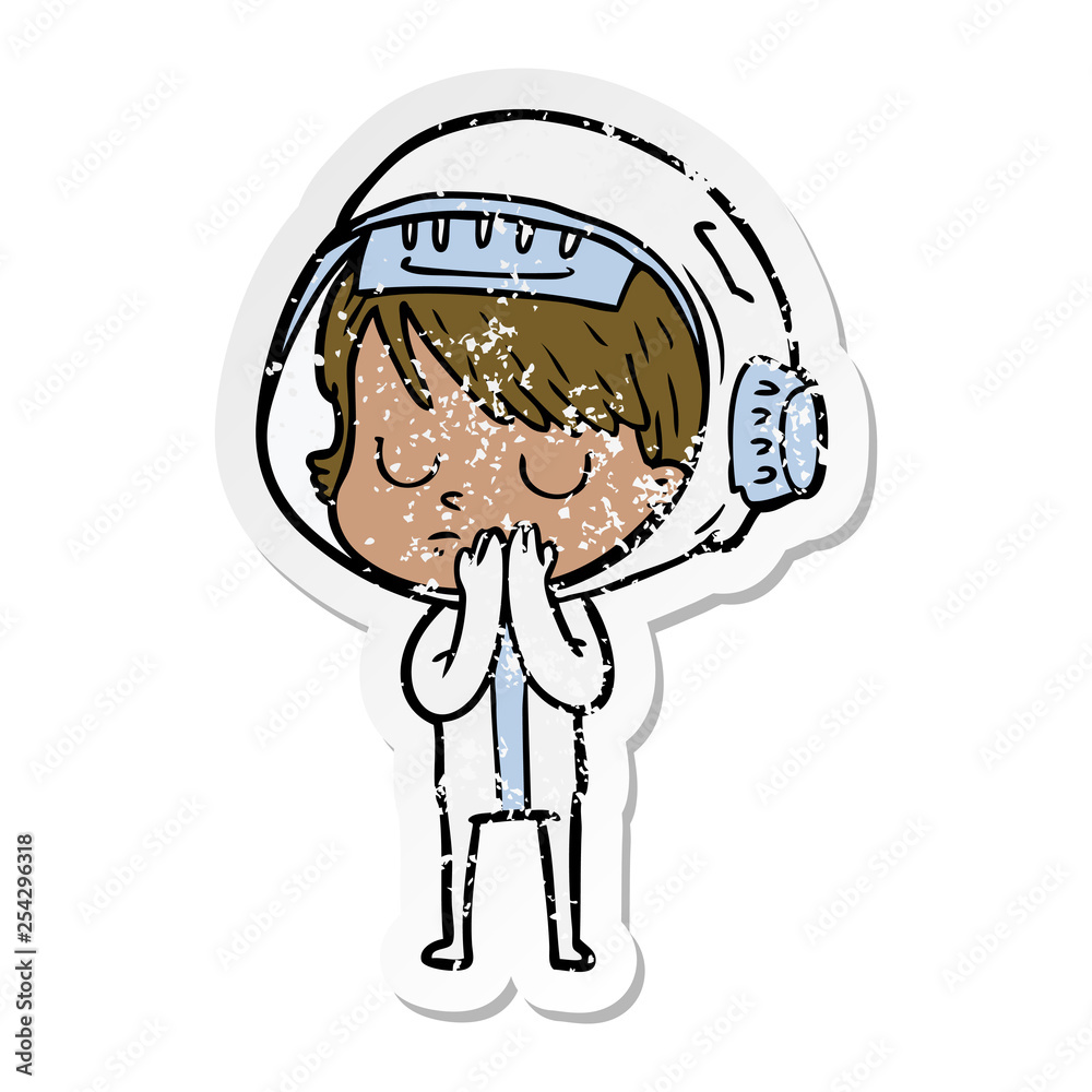 distressed sticker of a cartoon astronaut woman distressed sticker of a cartoon astronaut woman