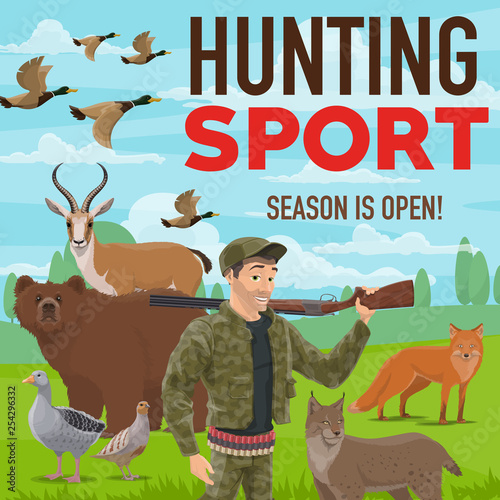 Hunting sport. Forest wildlife animals and birds