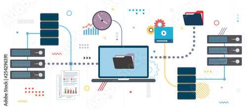 Transfer data network documents and data backup. File sharing,  shared data and documents.Template in flat design for web banner or infographic in vector illustration.
