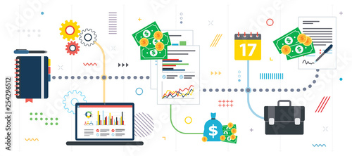 Report with investment data, planning and contract signature. Investment data with earnings and profits in business. Template in flat design for web banner or infographic in vector illustration.