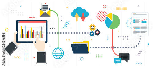 Business growth and investment data. Financial investment, analytics with growth report and successful business.Template in flat design for web banner or infographic with icons in vector illustration.
