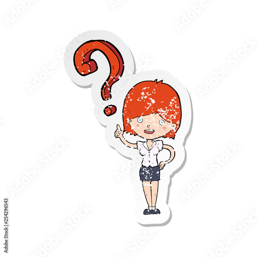 retro distressed sticker of a cartoon woman asking question