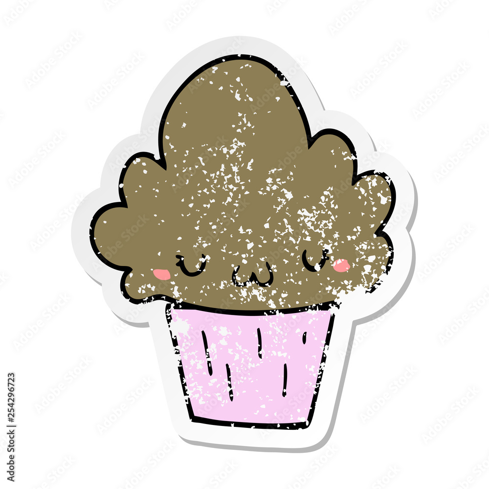 distressed sticker of a cartoon cupcake with face distressed sticker of a cartoon cupcake with face