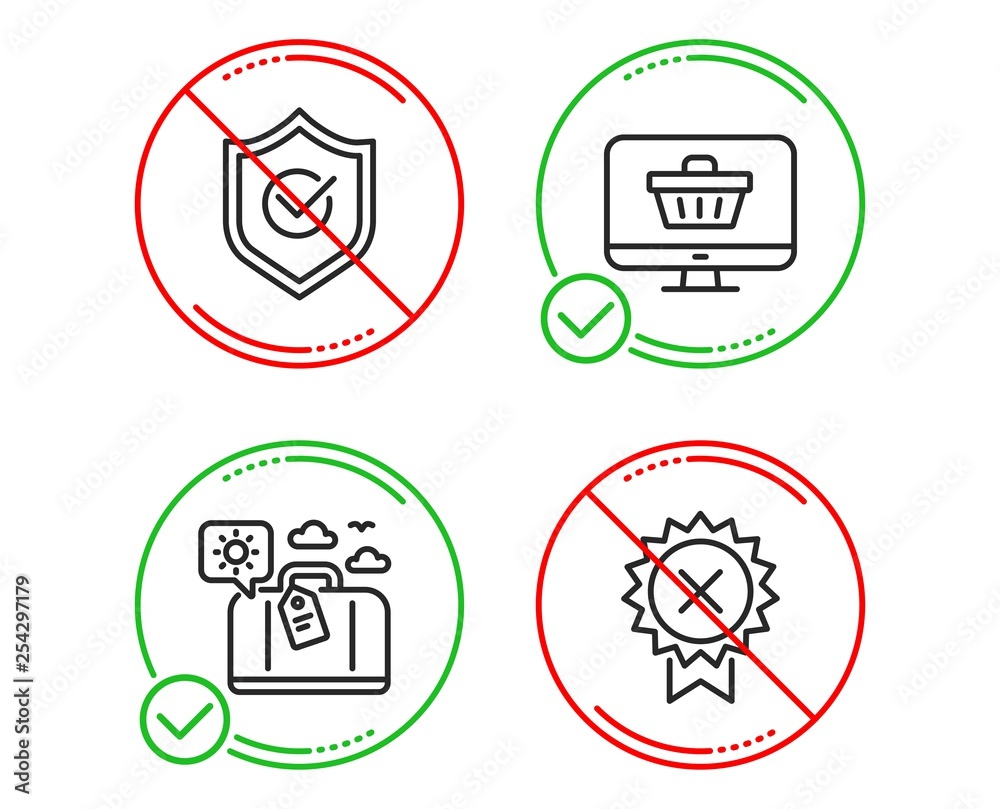 Do or Stop. Approved shield, Web shop and Travel luggage icons simple set. Reject medal sign. Protection, Shopping cart, Trip bag. Award rejection. Line approved shield do icon. Prohibited ban stop Do or Stop. Approved shield, Web shop and Travel luggage icons simple set. Reject medal sign. Protection, Shopping cart, Trip bag. Award rejection. Line approved shield do icon. Prohibited ban stop