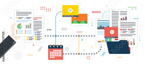 Business paperwork organization, data file, video and photo. Hands with data sheets in analysis. Contract agreement signature. Flat design for web banner in vector illustration.