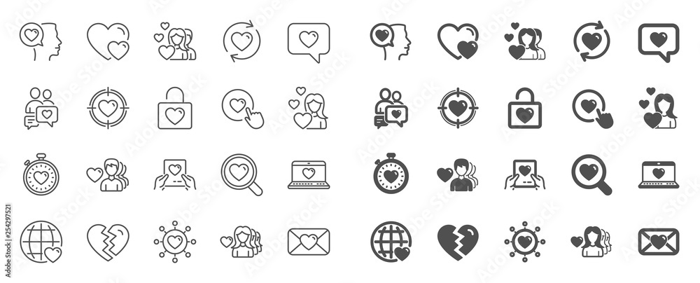 Love line icons. Couple, Romantic and Heart icons. Valentines day love symbols. Divorce or Break up heart, romantic couple. Laptop, timer, communication. Target, valentines day holiday. Vector Love line icons. Couple, Romantic and Heart icons. Valentines day love symbols. Divorce or Break up heart, romantic couple. Laptop, timer, communication. Target, valentines day holiday. Vector
