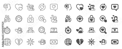 Love line icons. Couple  Romantic and Heart icons. Valentines day love symbols. Divorce or Break up heart  romantic couple. Laptop  timer  communication. Target  valentines day holiday. Vector