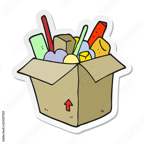 sticker of a cartoon box of things