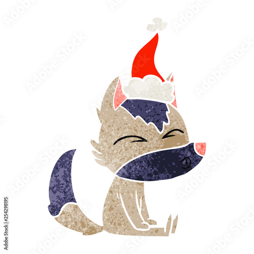 retro cartoon of a wolf whistling wearing santa hat