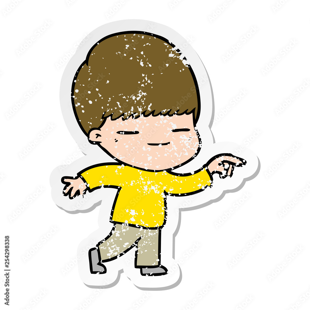 distressed sticker of a cartoon smug boy