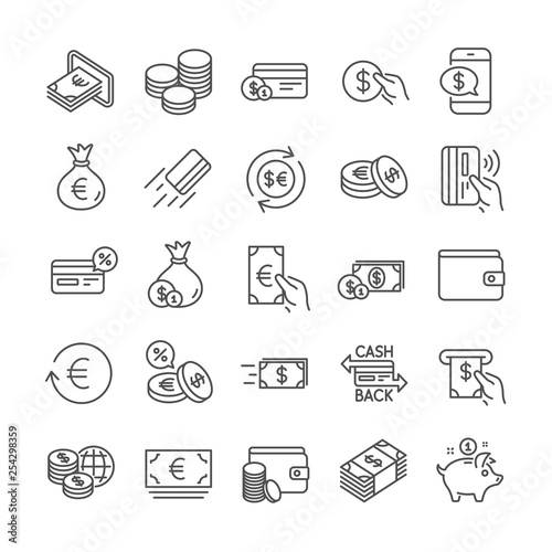 Money wallet line icons. Set of Cash, Credit card and Coins icons. Banking, Currency exchange and Cashback service. Wallet, Euro and Dollar money, credit card. Cash exchange, bank payment. Vector