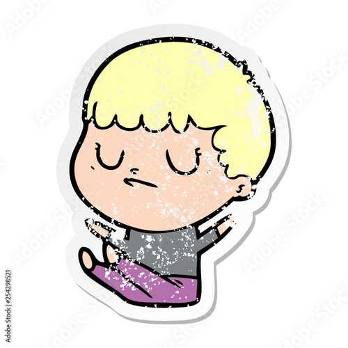 distressed sticker of a cartoon grumpy boy