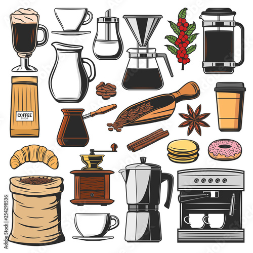 Isolated coffee beans and spices, machine icons
