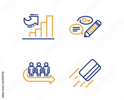 Growth chart, Keywords and Queue icons simple set. Credit card sign. Diagram graph, Pencil with key, People waiting. Bank payment. Linear growth chart icon. Colorful design set. Vector