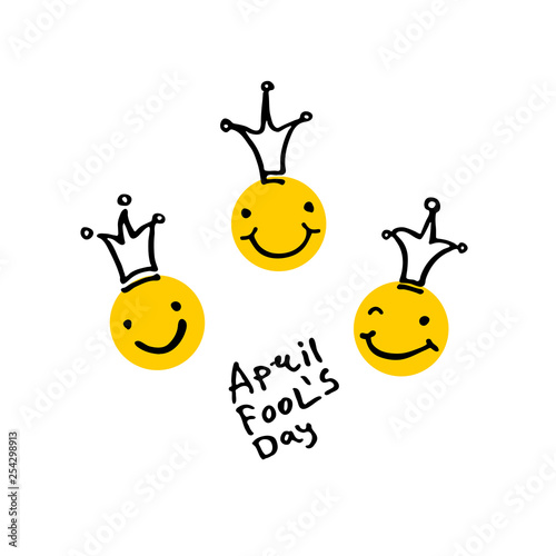 April Fools Day. 2019. Three laughing heads in crowns. Cartoon style. Handwritten logo for fool's day. Vector template.