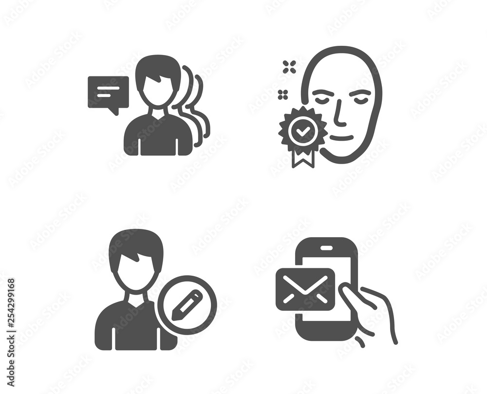 Set of People, Face verified and Edit person icons. Messenger mail sign. Support job, Access granted, Change user info. New e-mail. Classic design people icon. Flat design. Vector Set of People, Face verified and Edit person icons. Messenger mail sign. Support job, Access granted, Change user info. New e-mail. Classic design people icon. Flat design. Vector