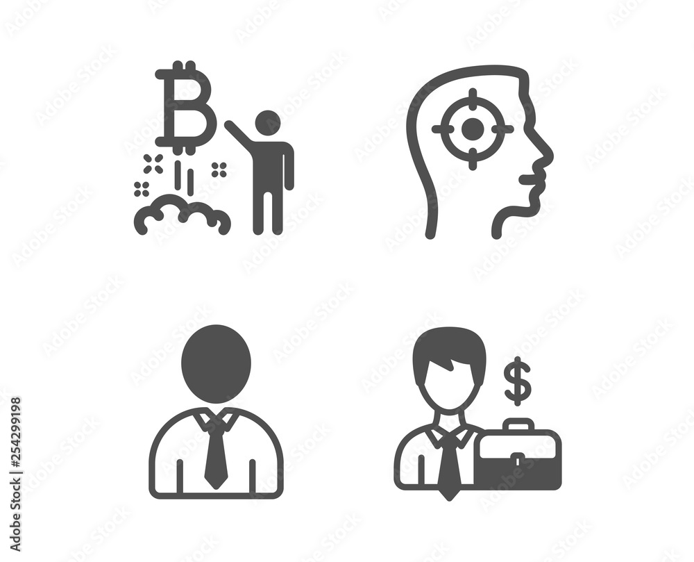 Set of Recruitment, Human and Bitcoin project icons. Businessman case sign. Headhunter aim, Person profile, Cryptocurrency startup. Human resources.  Classic design recruitment icon. Flat design